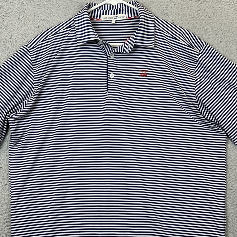 Bald Head Blues Polo Shirt Mens Large Navy White Striped Golf Rugby Stretch EUC